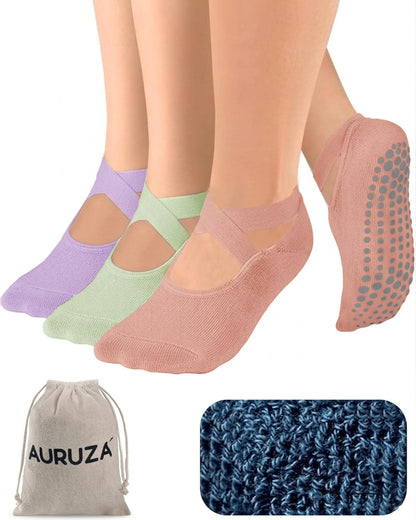 AURUZA Pilates Grip Socks for Women Non Slip Skid Yoga Socks with Grips Straps for Ballet Dance Workout Gripper Sock