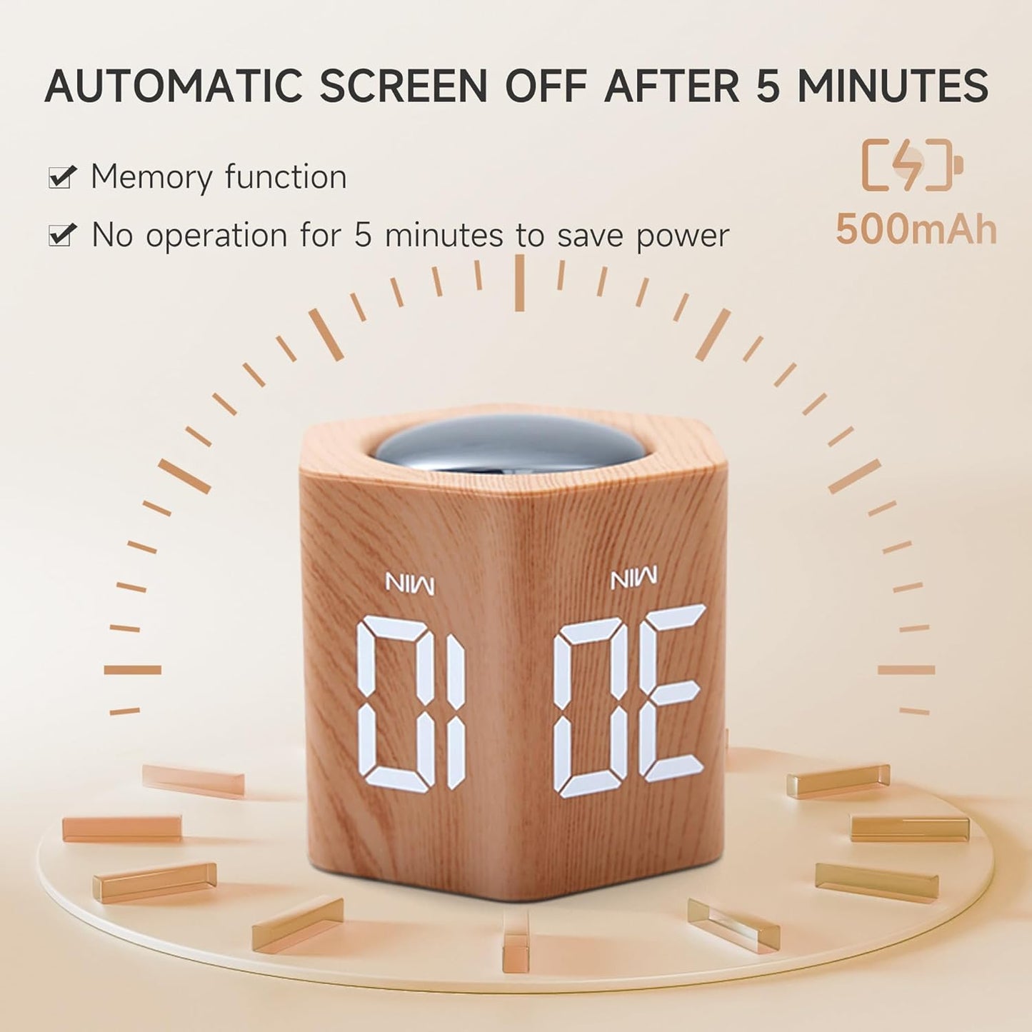 Productivity Timer 1, 5, 10, 30, 60 Minutes Preset, Desk Cube Timer with Gravity Sensor/Mute/Vibration for ADHD, Work, Study, Kitchen, Back to School (Wood Grain)