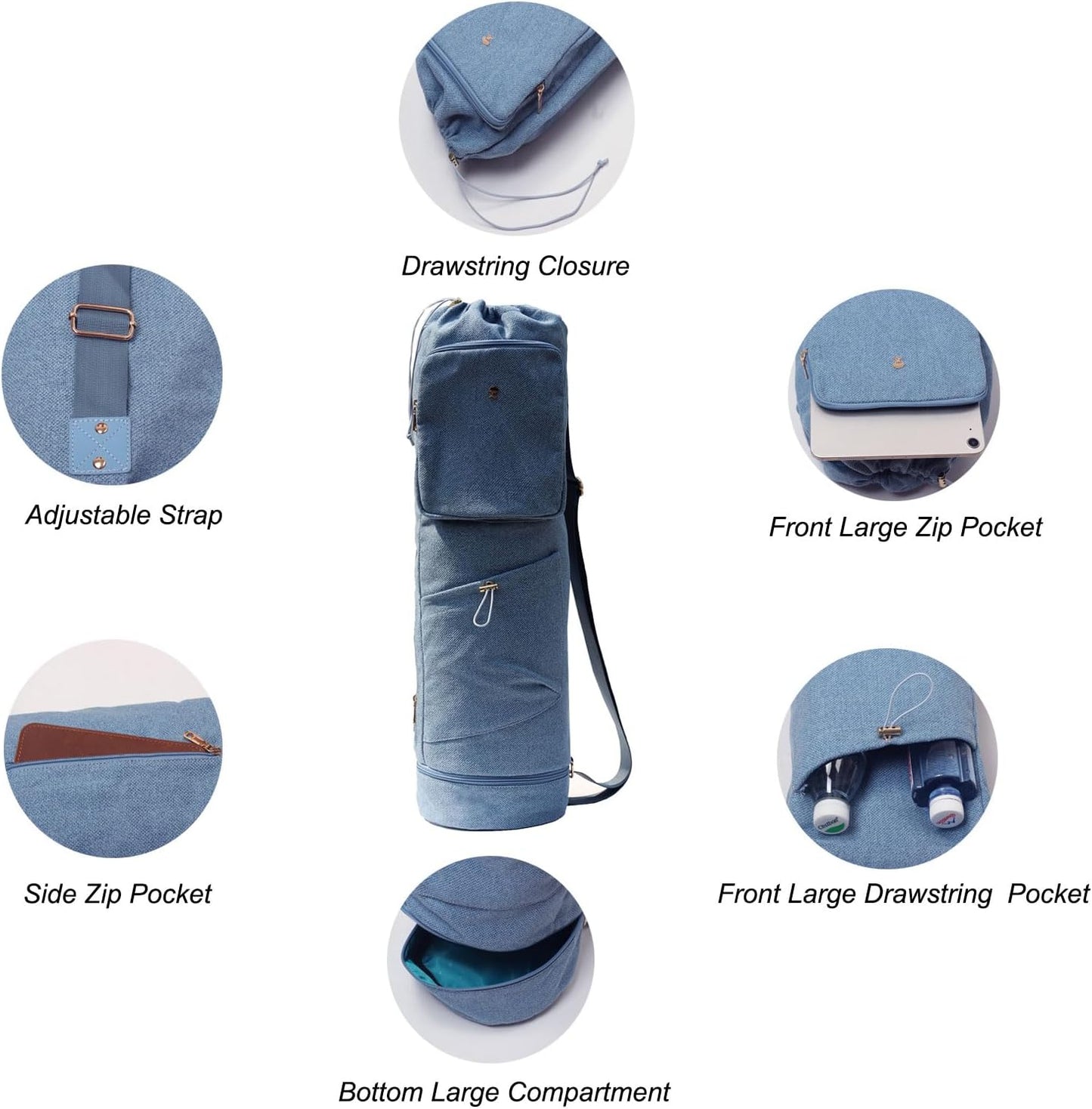 ESVAN Yoga Mat Bag with Multi Pockets Drawstring Yoga Mat Carrier Pilates Exercise Multi-Functional Storage Bag