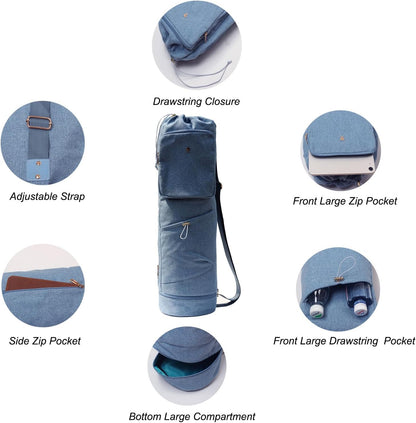 ESVAN Yoga Mat Bag with Multi Pockets Drawstring Yoga Mat Carrier Pilates Exercise Multi-Functional Storage Bag