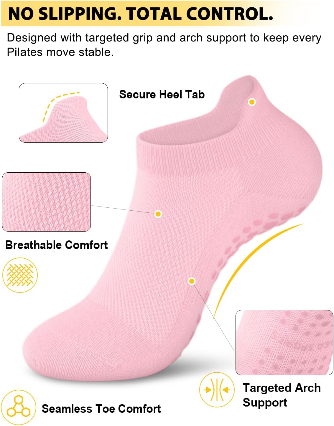3/6 Pairs Grip Pilates Socks for Women, Non-slip Yoga Athletic Socks for Barre Ballet Barefoot Workout Hospital