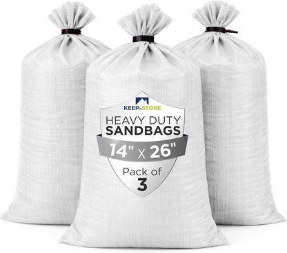 Heavy Duty Sand Bags Pack of 3, White Empty Sandbags with Built-In Ties, Woven Polypropylene UV Protection 1600 Hours, Fillable Sand Bags for Flood Control, Weight, 10x14 inches, 15 Pounds Volume