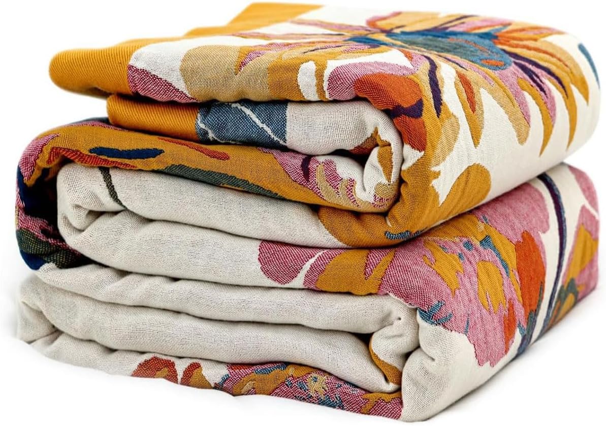 Boho Throw Blanket - 100% Cotton Soft Summer Throw Blanket for Bed, 50"x60" Reversible Breathable Lightweight Blankets, All Seasons Farmhouse Decor Floral Plant Butterfly Throw Quilt