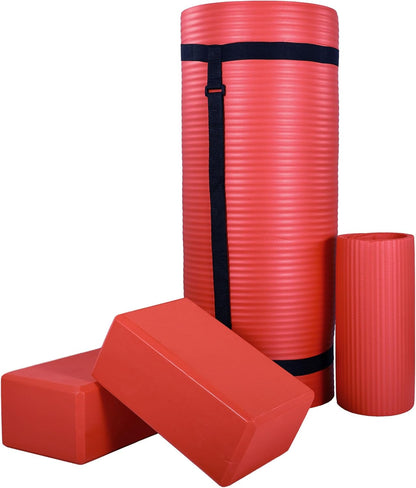 BalanceFrom 71x24 Inches Yoga Mat with Knee Pad and Optional Blocks – Extra 1-Inch Thick Non-Slip Foam with Anti-Tear Surface and Carrying Strap for Home, Studio, or Gym Workouts