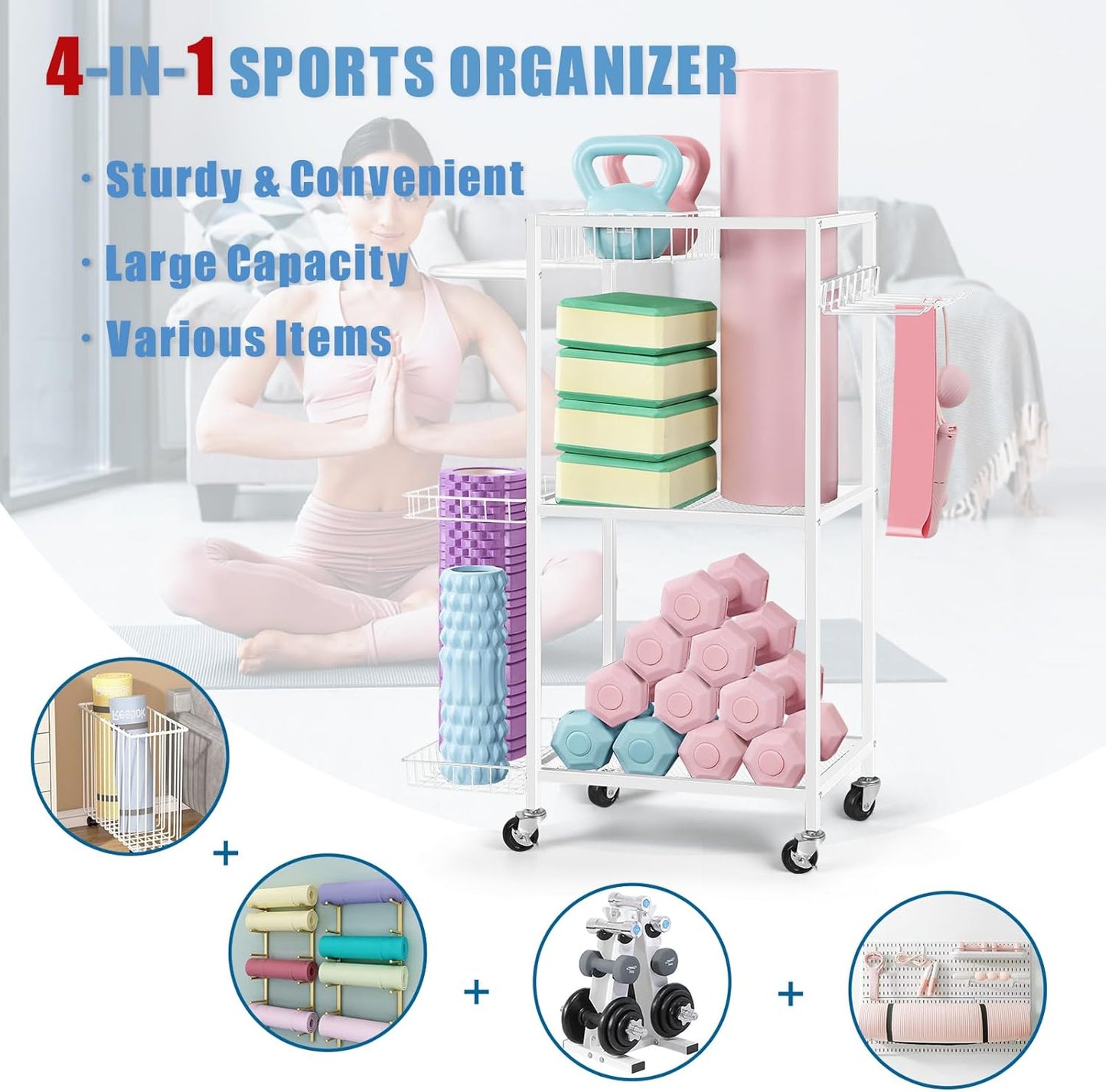LIANTRAL Yoga Mat Storage Rack - Metal Gym Organizer for Yoga Mats, Foam Rollers & Fitness Equipment, Space Saving Workout Equipment Storage Rack for Home Exercise and Fitness Gear
