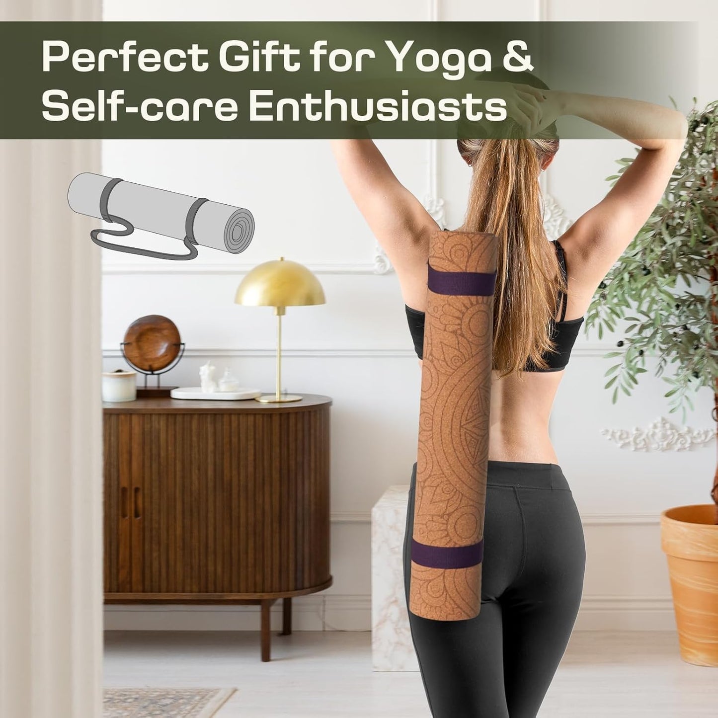 U&M Cork Yoga Mat Non-Slip, Resists Sweat and Odors Exercise Mat with Carrying Strap for Hot Yoga, Pilates, Floor & Fitness Workouts, Fitness Mats Non-Slip Natural Rubber Base & Cork Mat (72'' x 26'' x 5mm Thick)