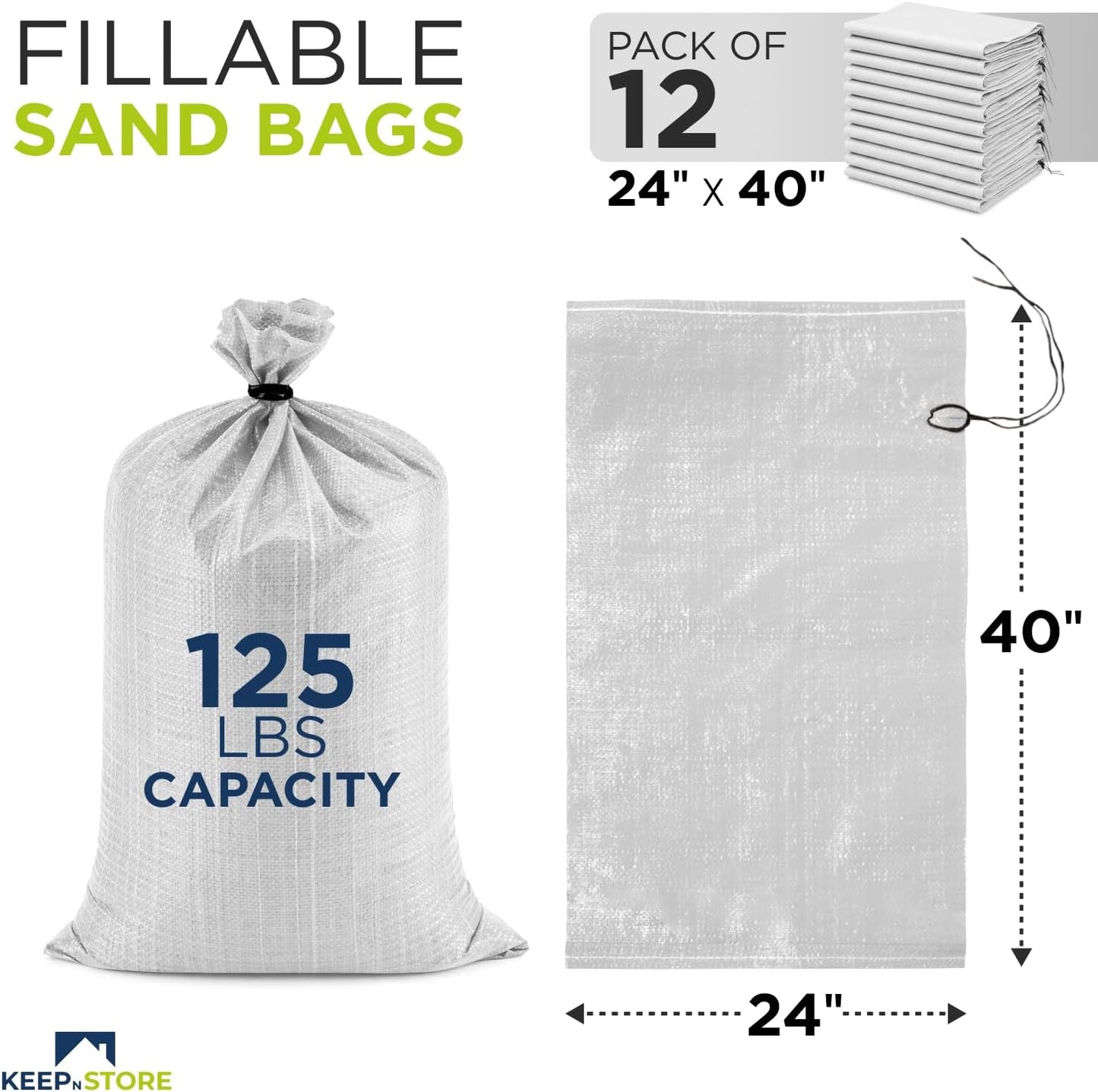 Heavy Duty Sand Bags Pack of 3, White Empty Sandbags with Built-In Ties, Woven Polypropylene UV Protection 1600 Hours, Fillable Sand Bags for Flood Control, Weight, 10x14 inches, 15 Pounds Volume