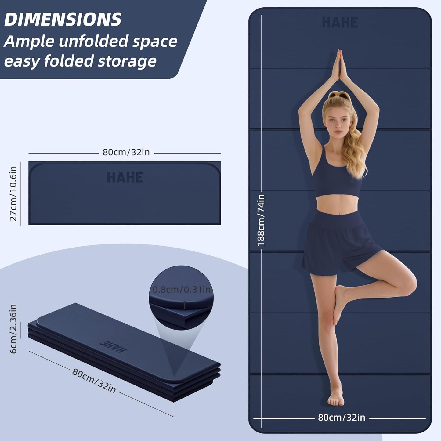 Foldable Yoga Mat,74"Lx32"Wx1/3"Thick,Folding Exercise Mat,Non-slip Wide Pilates Mats for Home Workout/Travel, Portable Yoga Mat Thick for Yoga/Pilates/Camping/Floor Exercises