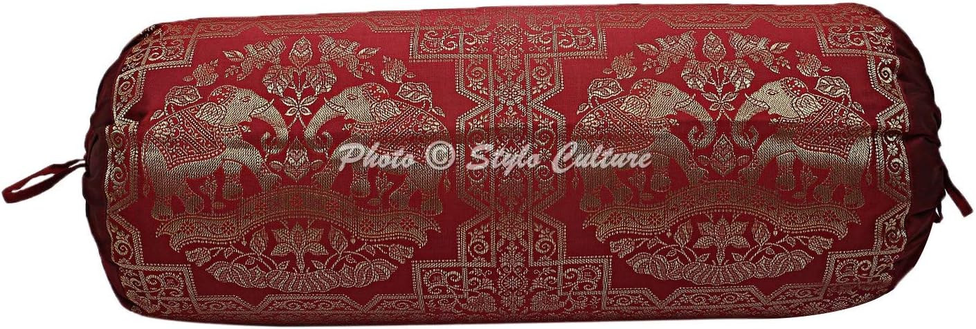 Brocade Silk Jacquard Cylindrical Decorative Bolster Pillow Cover for Bedroom Burgundy Gold Elephant Polydupion Indian Neck Roll Home Decor Banarsi Bolster Case | (1 Pc) | (76x38 cm)