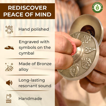 Tibetan Tingsha Bells Cymbals Meditation Chime Bells, 6.3 cm Percussion Instrument, with Cloth Bag, Embossed 8 Lucky Symbols, Ideal for Yoga, Mindfulness, Spiritual Healing, and Sound Therapy