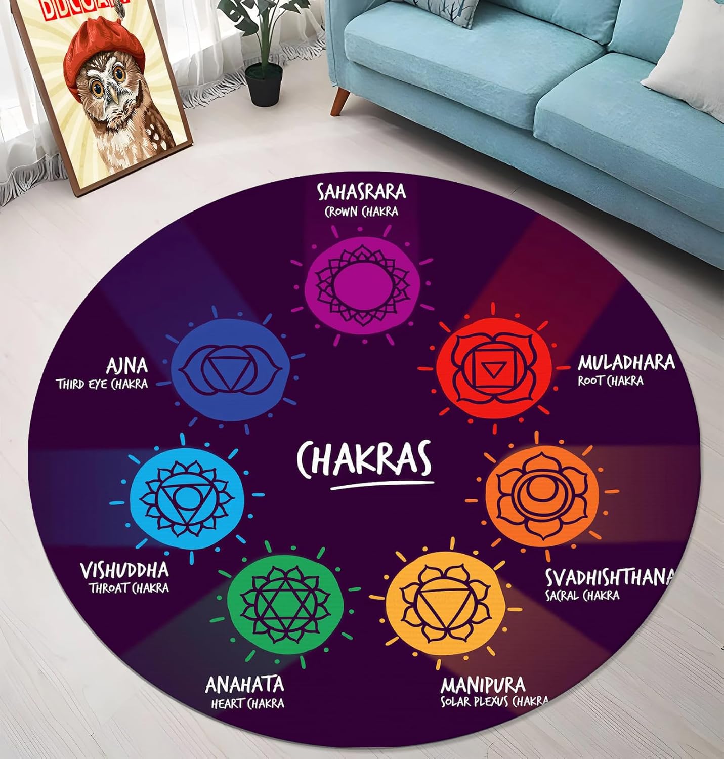 Chakra Round Area Rug, Non-Slip Meditation & Yoga Carpet for Living Room, Meditation Round Area Rugs, Modern Circular Bedroom Rug 57