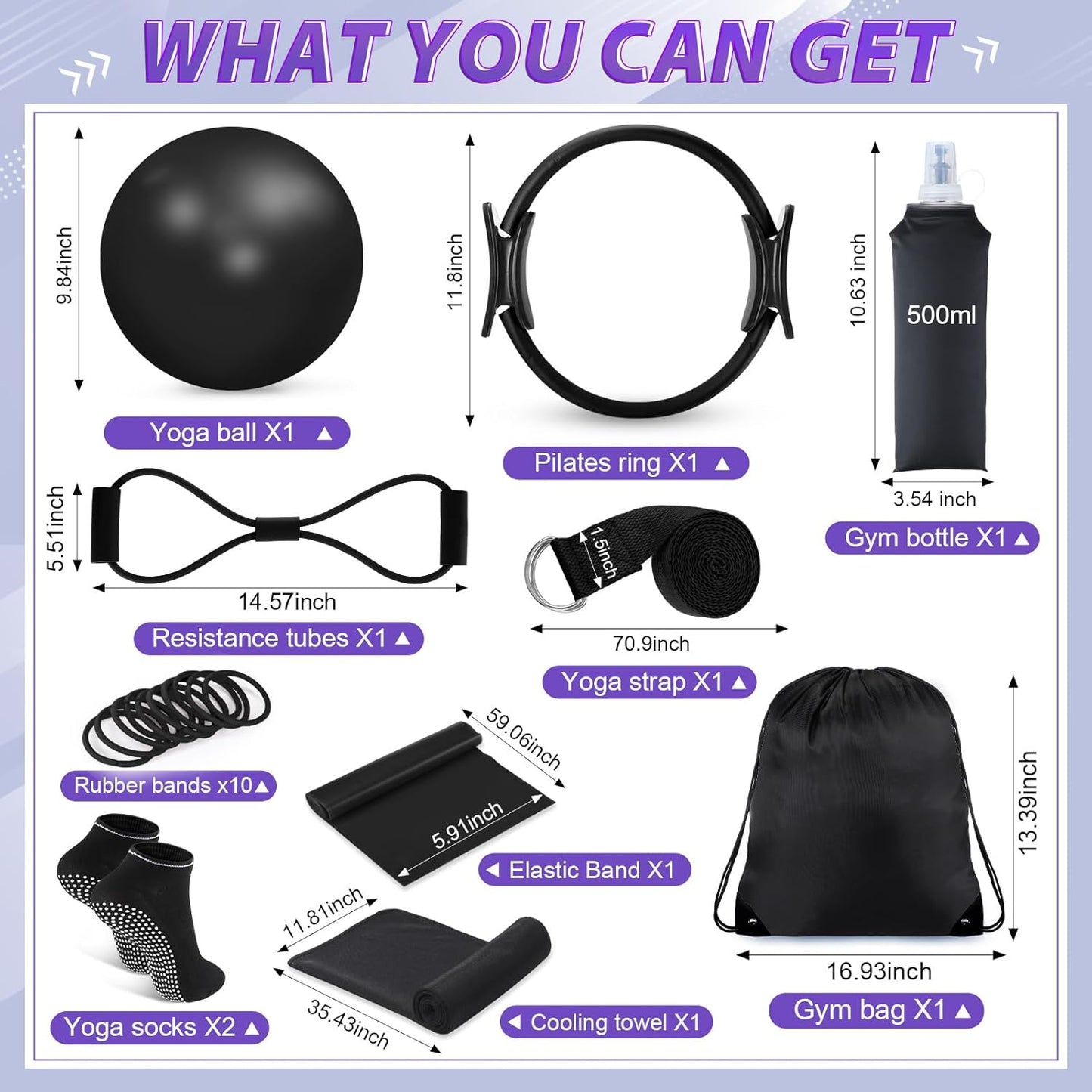 Halloscume 24 Pcs Home Pilates Essentials Kit for Women, Pilates Equipment Ring and Ball Set with Stretching Strap, Water Bottle, Magic Circle, Yoga Ring, Gym Bag, Resistance Band, Anti Slip Socks