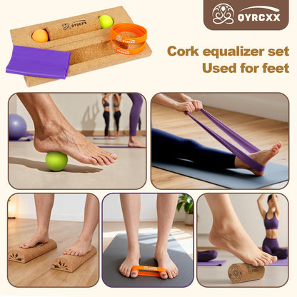 Cork 4-in-1 Balance Board Kit with Massage Roller & Ball, Toe Resistance Bands, Storage Bag & Exercise Guide - Plantar Fasciitis Recovery, Physical Therapy, Prevent Falls & Enhance Mobility