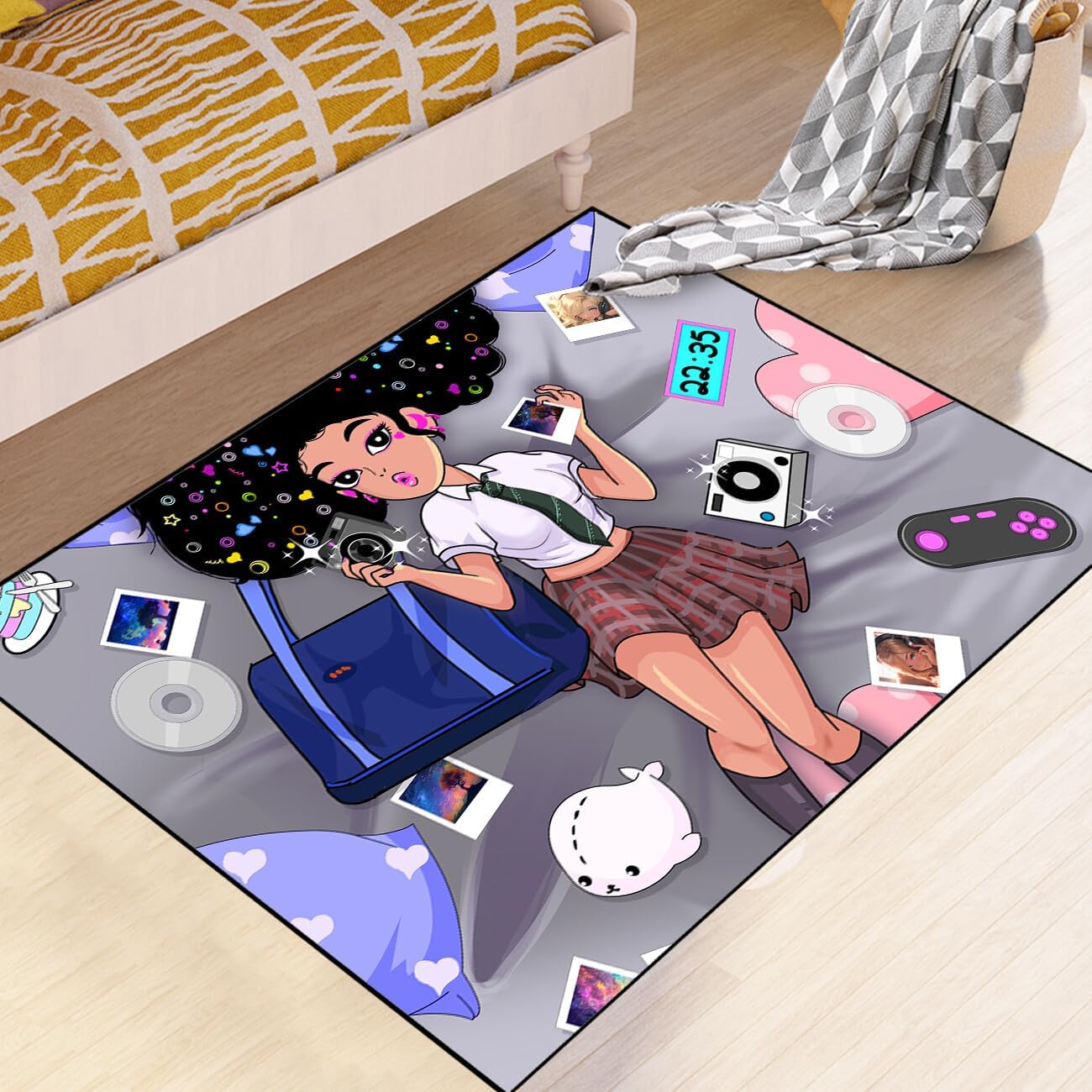 Black Girl Area Rug for Bedroom African Black Girls Floor Rugs for Living Room Playroom Cartoon Art Home Decor Soft Yoga Mats for Women Afro Purple 47" x 31" (2.7 x 3 Feet)