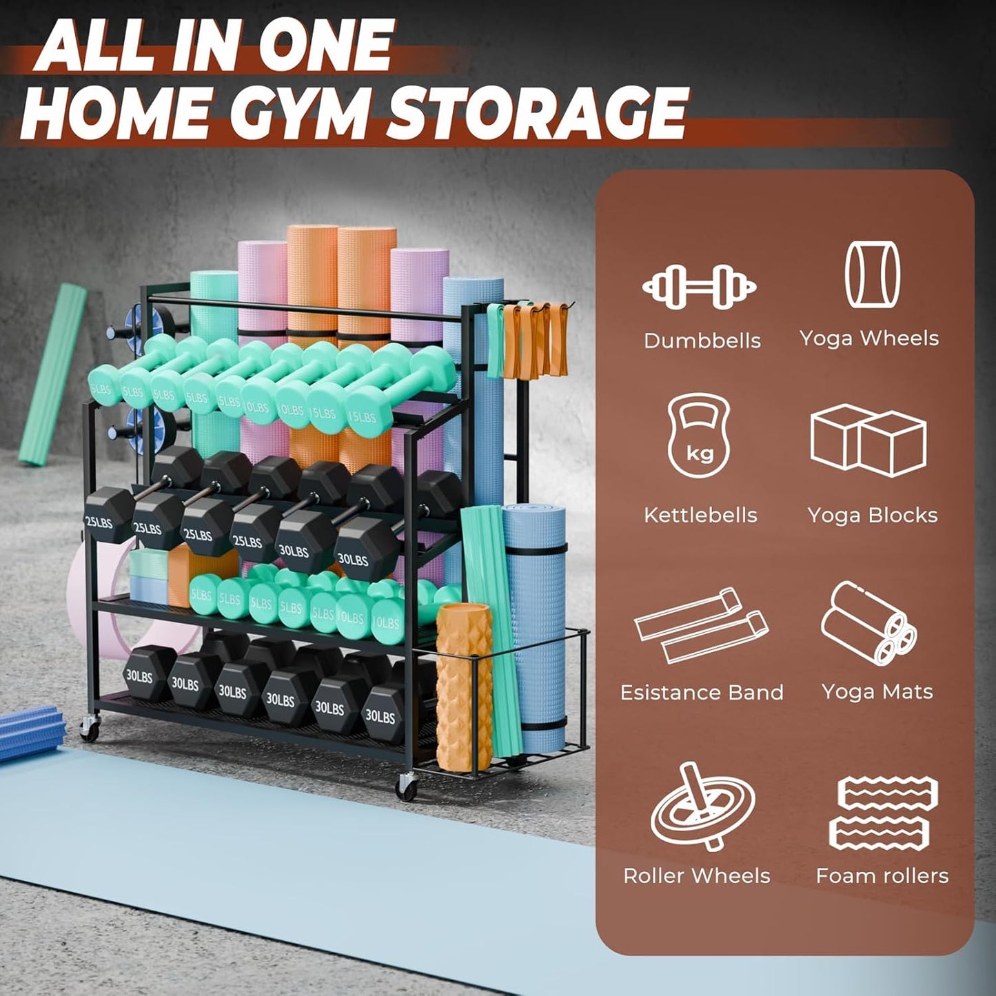 Dumbbell Rack Weight Stand Only - Adjustable Weight Rack for Dumbbells, Home Gym Storage Rack for Yoga Mat Foam Roller Kettlebells, Workout Equipment Storage Organizer With Wheels