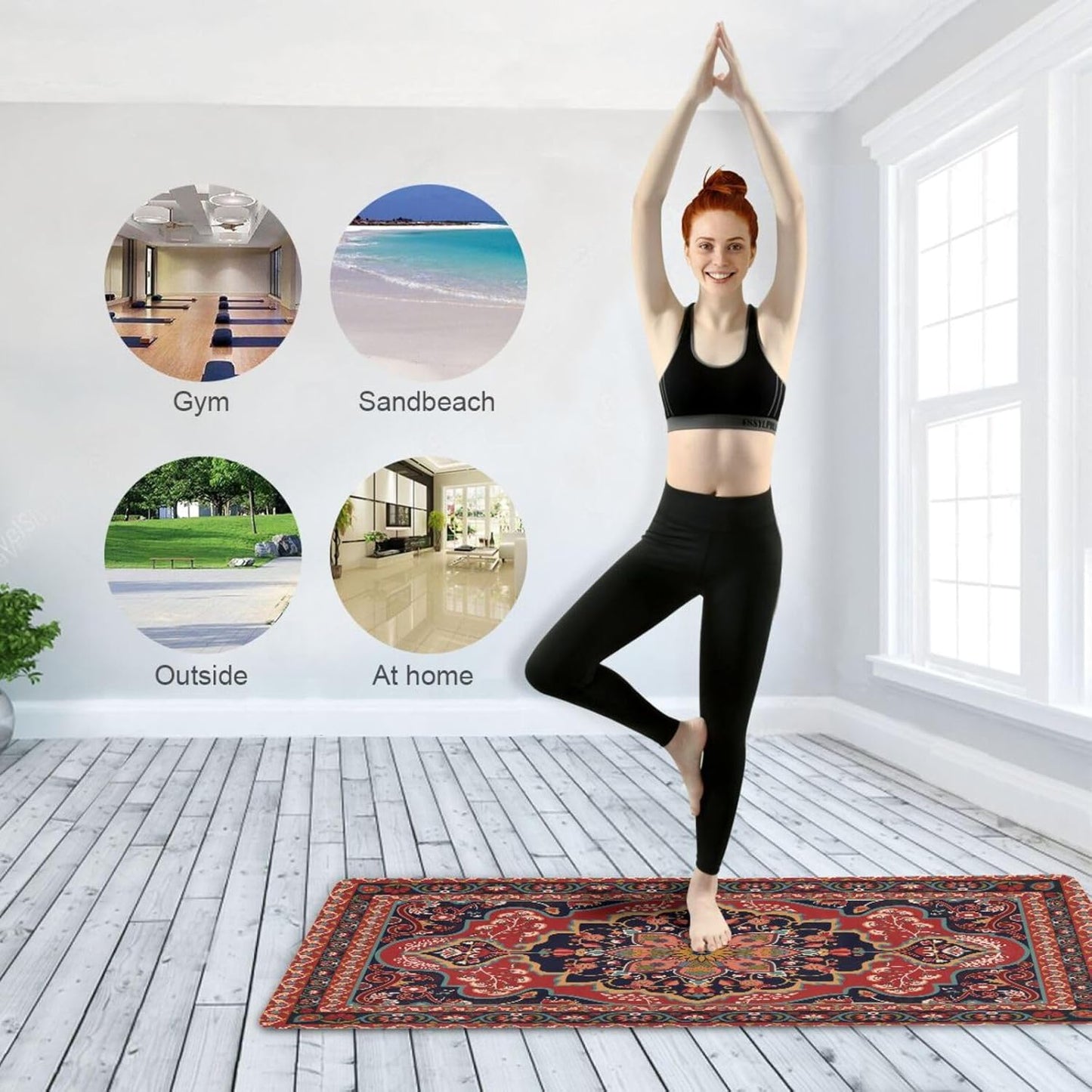 Kigai Travel Yoga Mat 71" x 24" Non Slip Natural Rubber Foldable Exercise Mat Ultra Thin 1.5mm Lightweight for Fitness, Pilates & Home Workout, Persian Design