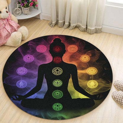 Chakra Round Area Rug, Non-Slip Meditation & Yoga Carpet for Living Room, Meditation Round Area Rugs, Modern Circular Bedroom Rug 57