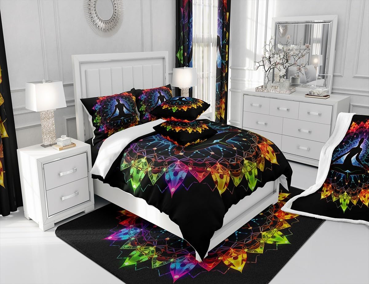 jejeloiu Yoga Chakras Area Rug 5x7, Boho Mandala Rugs for Living Room Bedroom for Kids Boys Girls Room Decor, Yoga Lover, Rainbow Chakras Indoor Floor Mat