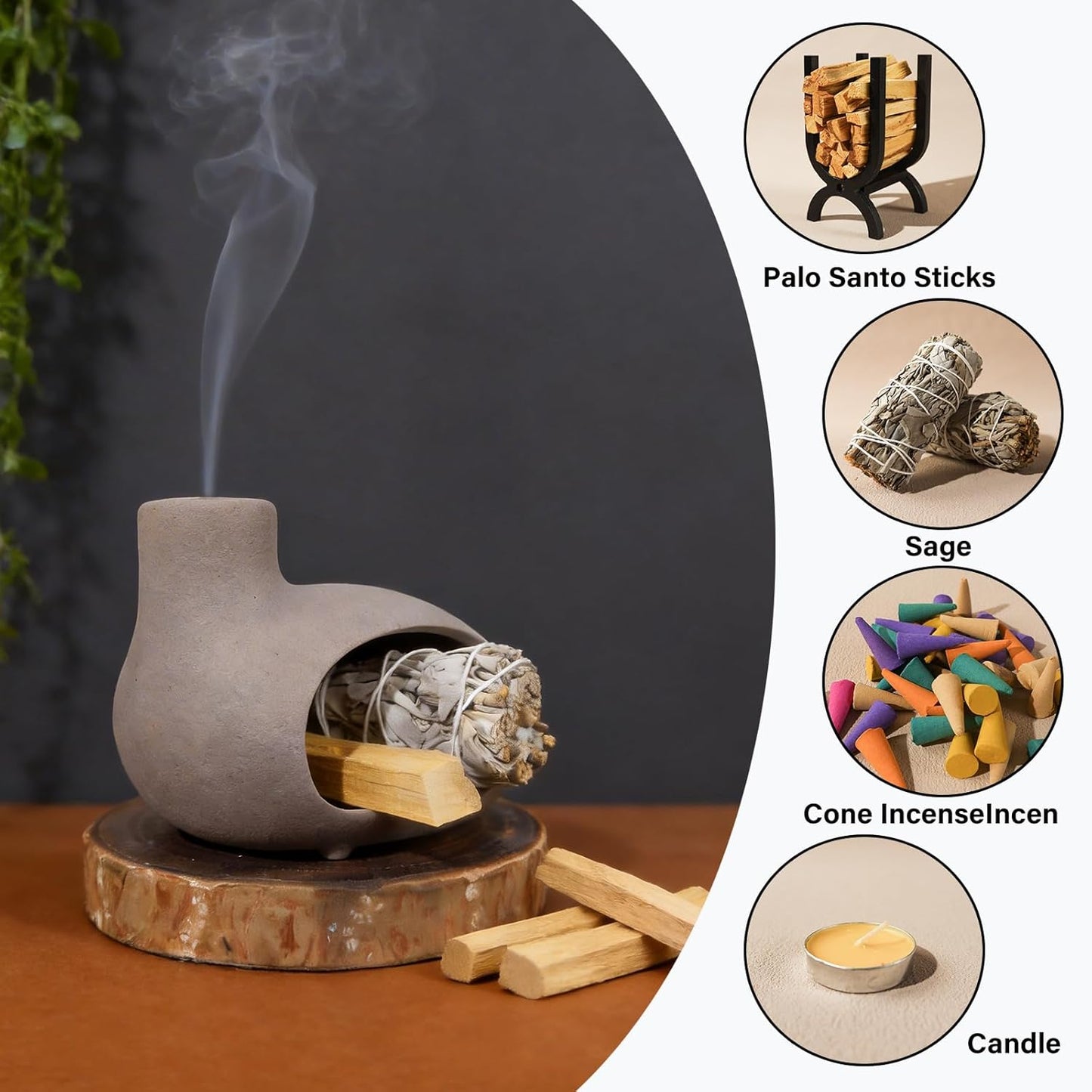 MOUGIGI Terracotta Palo Santo Holder - Modern Chiminea Incense Burner for Yoga, Meditation, and Energy Cleansing - Wood Sticks Dish, Sage Ash Catcher, Smudge Bowl, Cone Burner - Unique Meditation Gift
