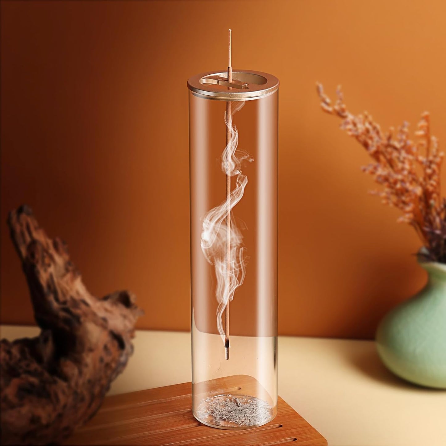 Incense Holder for Sticks [Anti-Ash Flying], Modern Insence-Stick Burner Holder with Removable Glass Ash Catcher, for Home Decor Yoga Meditation (Champagne Gold 2 Pack)