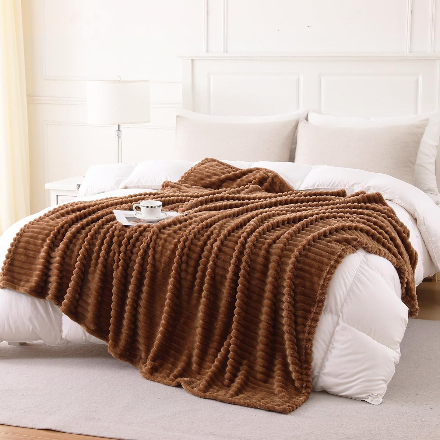 Khaki Throw Blanket for Couch Sofa 50x60 inches Striped Fleece Blankets Room Home Decor Lightweight Plush Soft Cozy Gifts for Women Mom Girls