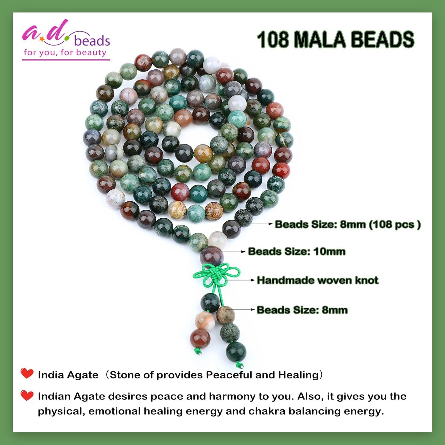 AD Beads 6mm 8mm 108 Prayer Mala Jasper Elastic Bracelet - Handmade Yoga Meditation Healing Power Energy Gifts for Unisex Adult.