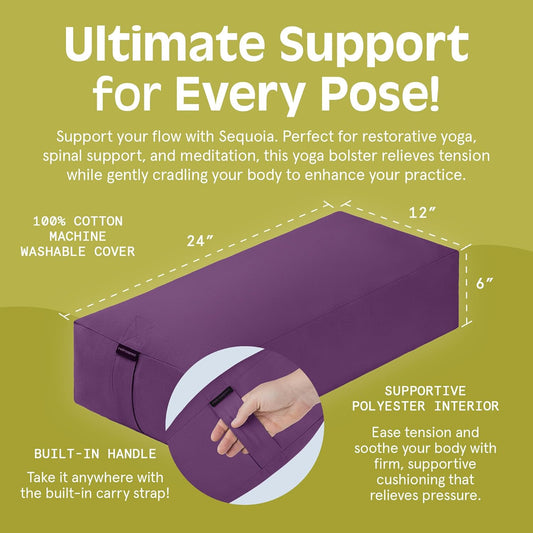 Retrospec Sequoia Meditation Cushion & Yoga Bolster Pillow With Cotton Cover - Supportive 24x12x6in Rectangle for Spine Relief, Joint Support & Posture - Machine Washable With Carry Handle