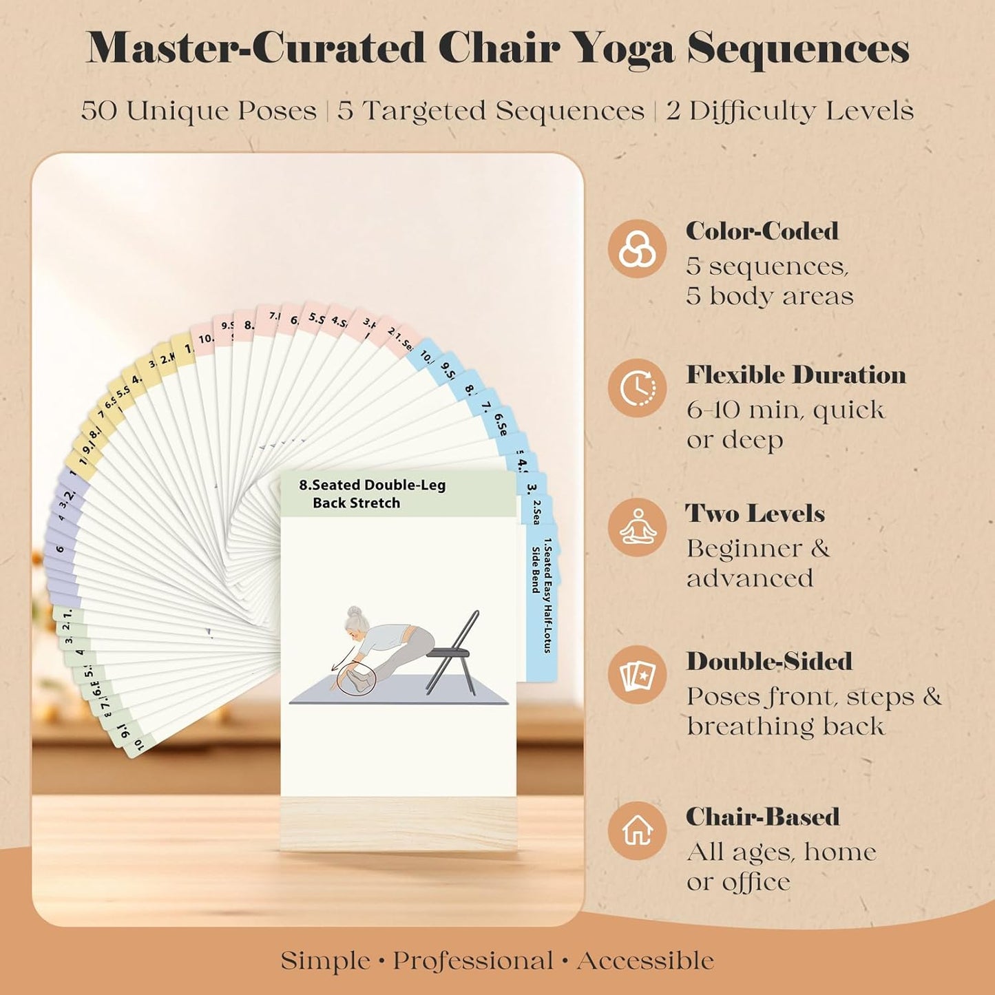 Chair Yoga Cards with Solid Wood Stand for Seniors & Older Adults | 50 Large Print Exercises with 5 Guided Routines | The Perfect Chair Yoga Gift for Balance, Strength & Flexibility