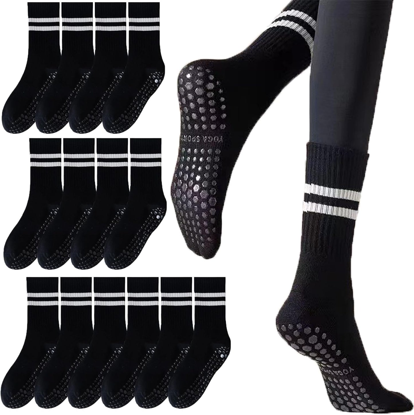 Tergy 8 Pairs Long Yoga Socks with Grip for Women Anti Skid Gripper Socks No Slip Socks for Pilates, Barre, Dance,Yoga