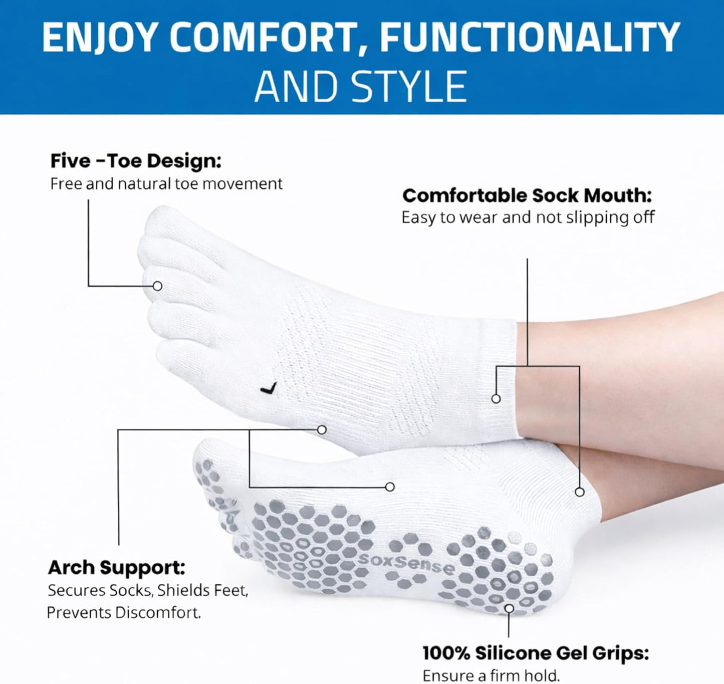 Soxsense Multi-Pack Sports Grip Toe Socks with Cushion, Non-Slip Finger Socks for Pilates, Home Gym, Soccer, basketball