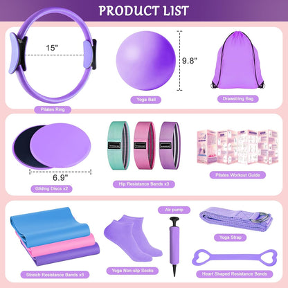 Home Pilates Kit for Women, Pilates Ring Set, Pilates Equipment Kit for Women Home Workouts, Pilates Essentials Kit with Pilates Ring and Ball, Resistance Bands for Strength, Toning, Flexibility