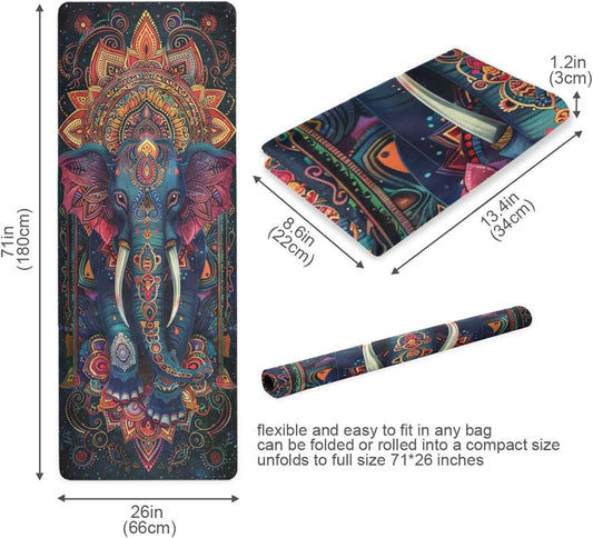 Colorful Tribal Elephant Yoga Mat, 71 x 26 Inch Non-slip Yoga Mats Folding Travel Exercise Mat Indoor Outdoor Gym Pilates with Storage Bag for Women Men