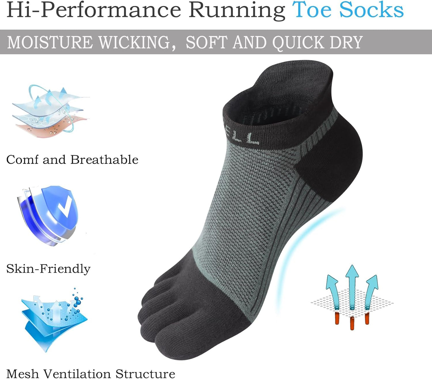 VWELL Cotton Toe Socks Five Finger Socks No Show Crew Athletic Running Socks 4 Pairs,Size 7-11