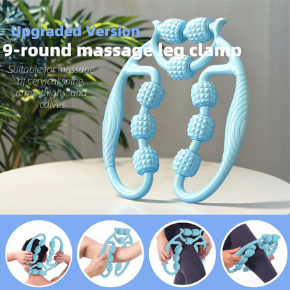 Pedal Resistance Band and Leg Massage Roller Bundle, 8-Tube Exercise Band with Handles and 9-Wheel Circular Muscle Roller, Home Workout and Self-Care Set for Arms, Legs, Calves, Thighs, Blue