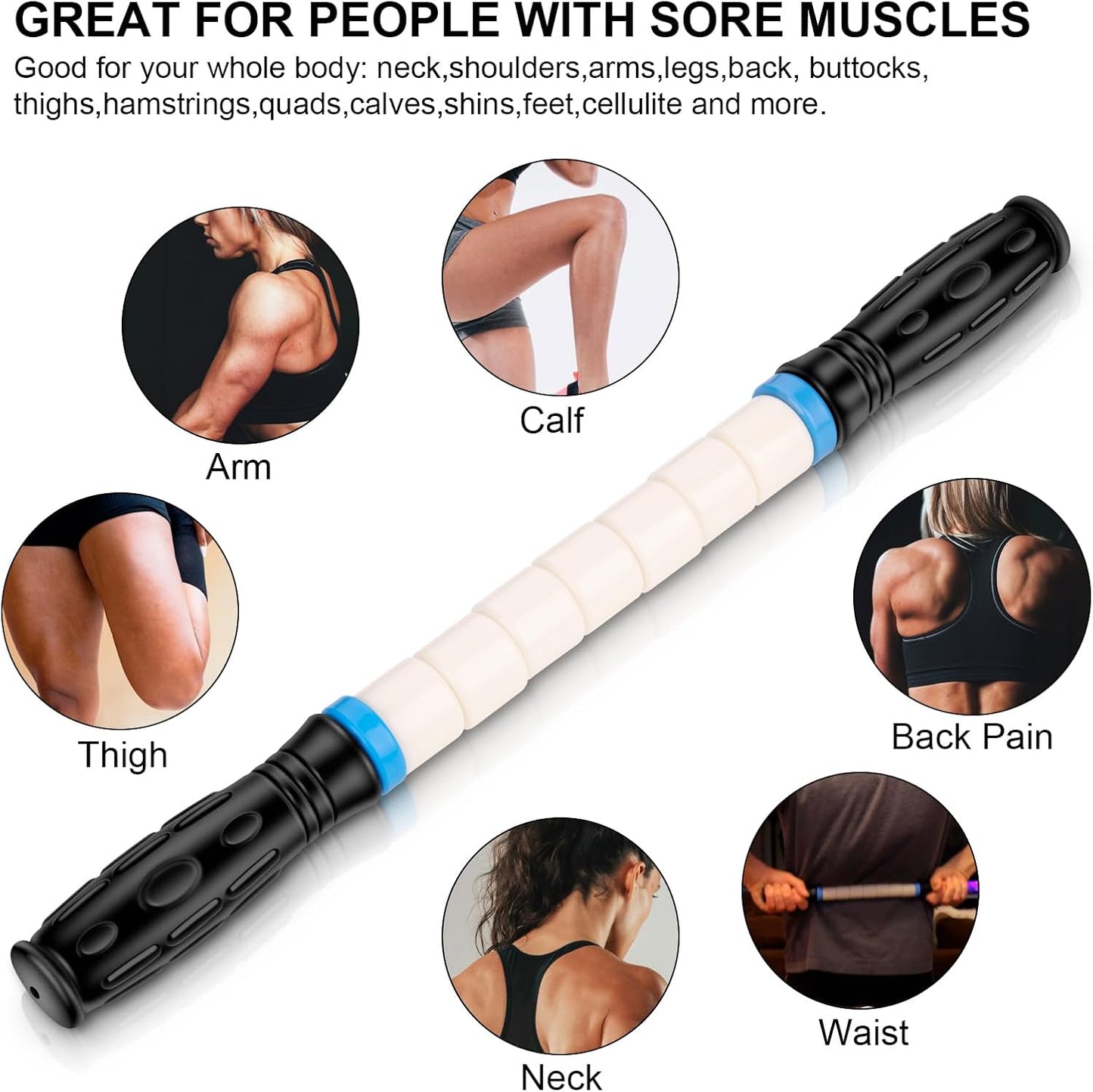 iGreely Portable Massage Roller Stick the Ultimate Muscle Roller 17 Inches Recommended By Physical Therapists Promotes Recovery Fast Relief for Cramps Soreness Tight Muscles-White