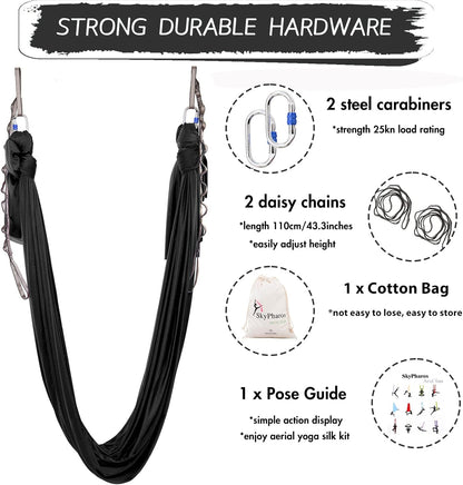 5.5 Yards Aerial Silks Yoga Swing Set - Aerial Yoga Hammock Kit Anti-Gravity Flying for Fitness, Low/Non Stretch Nylon Tricot Fabric Hardware Included for Dance