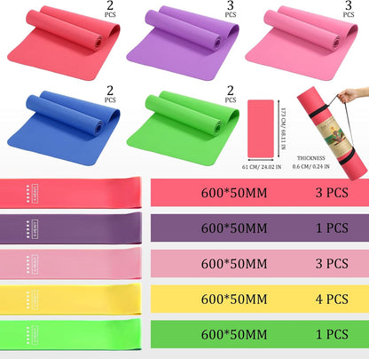 Hoolerry 36 Pieces Yoga Mats Sets Includes 12 Pcs Yoga Mats Bulk 68” x 24” x 6mm Thick Exercise Mat Non Slip 12 Resistance Bands 12 Carrying Straps for Women Girls for Gym Pilates