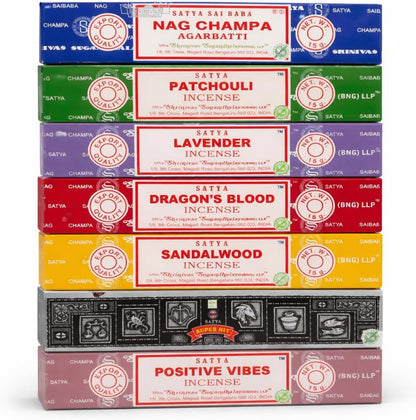Satya Incense Gift Set Nag Champa, Super hit, Dragon's Blood, Sandalwood, Patchouli, Lavender, Positive Vibes, 15 g