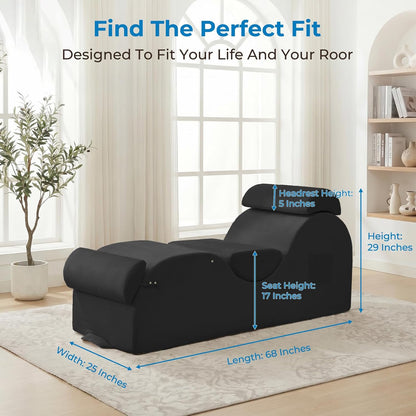 Mjkone Velvet Yoga Chair, Yoga Chaise Lounge Chair Indoor with Side Pockets, Headrest, Waist Cushion, Movable Footrest, Curved Sofa Chair for Relaxation Stretching for Bedroom, Black