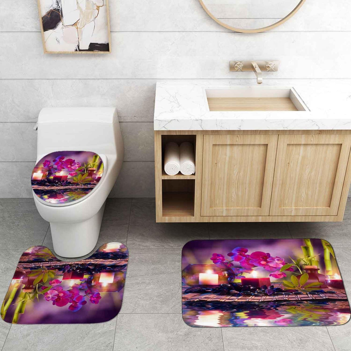 4PCS Spa Zen Shower Curtain Sets with Rugs, White Shower Curtain, Pink Floral Orchid Lotus Water Lily Stone Bamboo Water Reflection Yoga Massage Relaxing Spiritual Meditation Bathroom Decor
