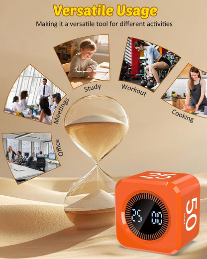 Digital Pomodoro Timer Cube 5/10/25/50min, Visual Productivity Flip Timer for Kids Classroom Desk, Custom Countdown, Silent and Sound Mode for ADHD Study Work Game Kitchen (Black)