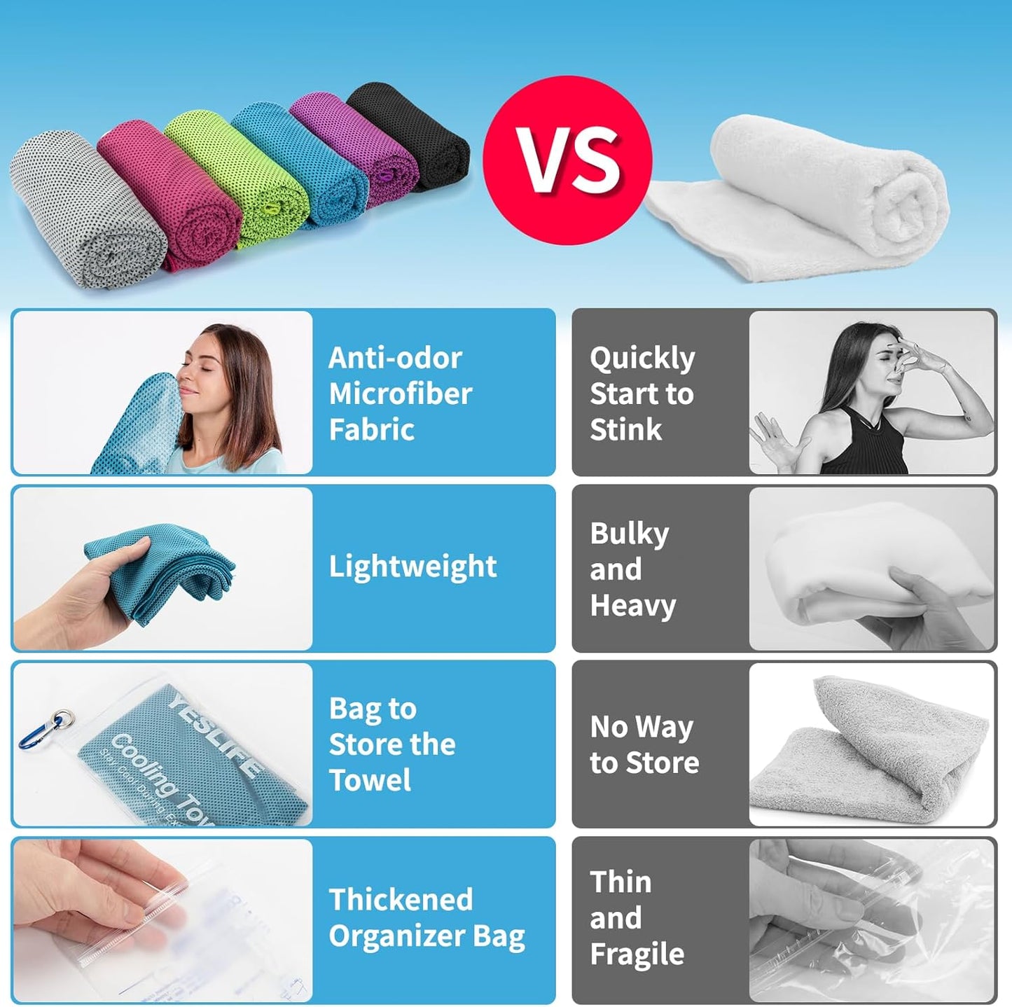 YESLIFE 4 Pack Cooling Towels 40"x12", Gym Towels for Men and Women, Soft Breathable Workout Towels for Yoga, Running, Sport, Workout, Camping, Fitness & More (Blue, Grey, Green, Pink)