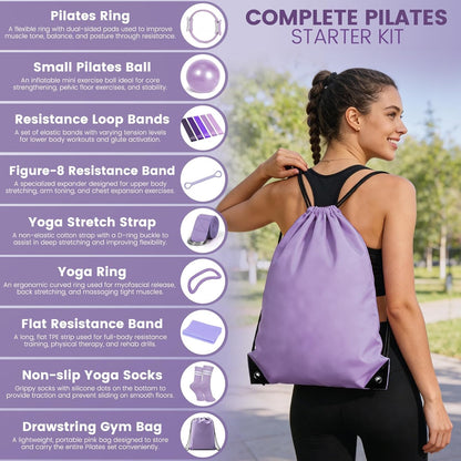 Pilates Kit for Women 13PCS, Pilates Ring and Ball Set with Magic Circle, Resistance Bands Set, Figure 8 Band, Yoga Ring & Grip Socks, Home Workout Equipment Essentials Starter Kit for Beginners