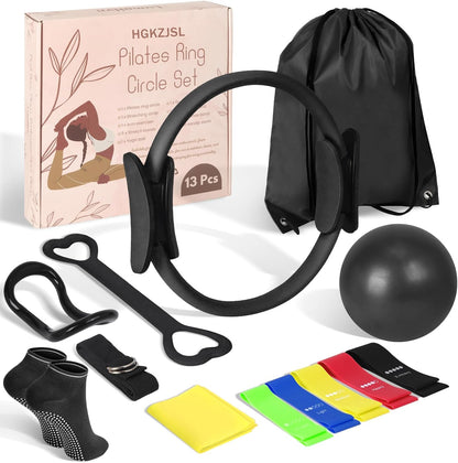 Pilates Kit for Women 13PCS, Pilates Ring and Ball Set with Magic Circle, Resistance Bands Set, Figure 8 Band, Yoga Ring & Grip Socks, Home Workout Equipment Essentials Starter Kit for Beginners