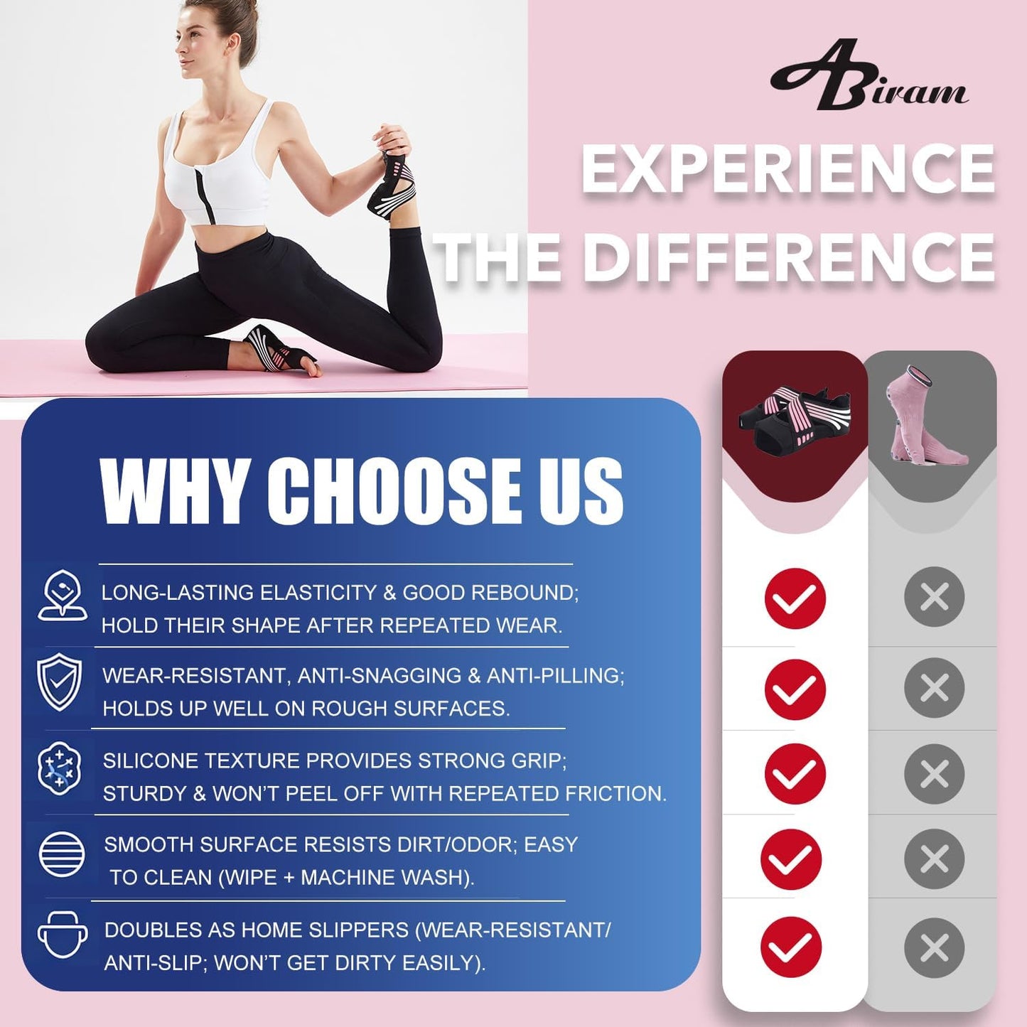 ABIRAM Yoga Socks Toeless Non-Slip Grips & Straps, for Pilates, Barre, Ballet, Bikram, Workout for Women