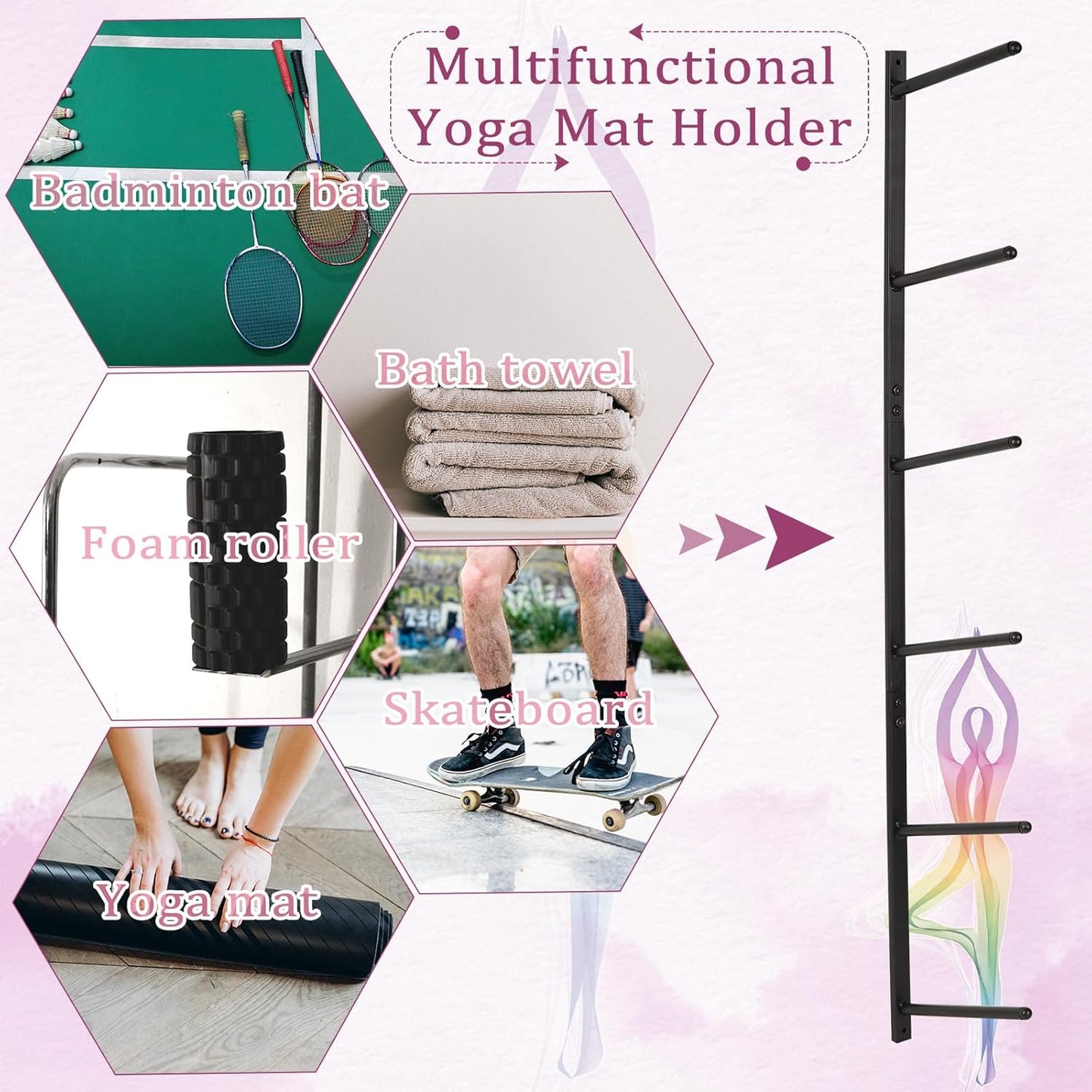 Yoga Mat Holder Wall Mount Yoga Mat Storage Holder Yoga Mat Organizer Skateboard Wall Mount for Foam Rollers Skateboard Ski Board