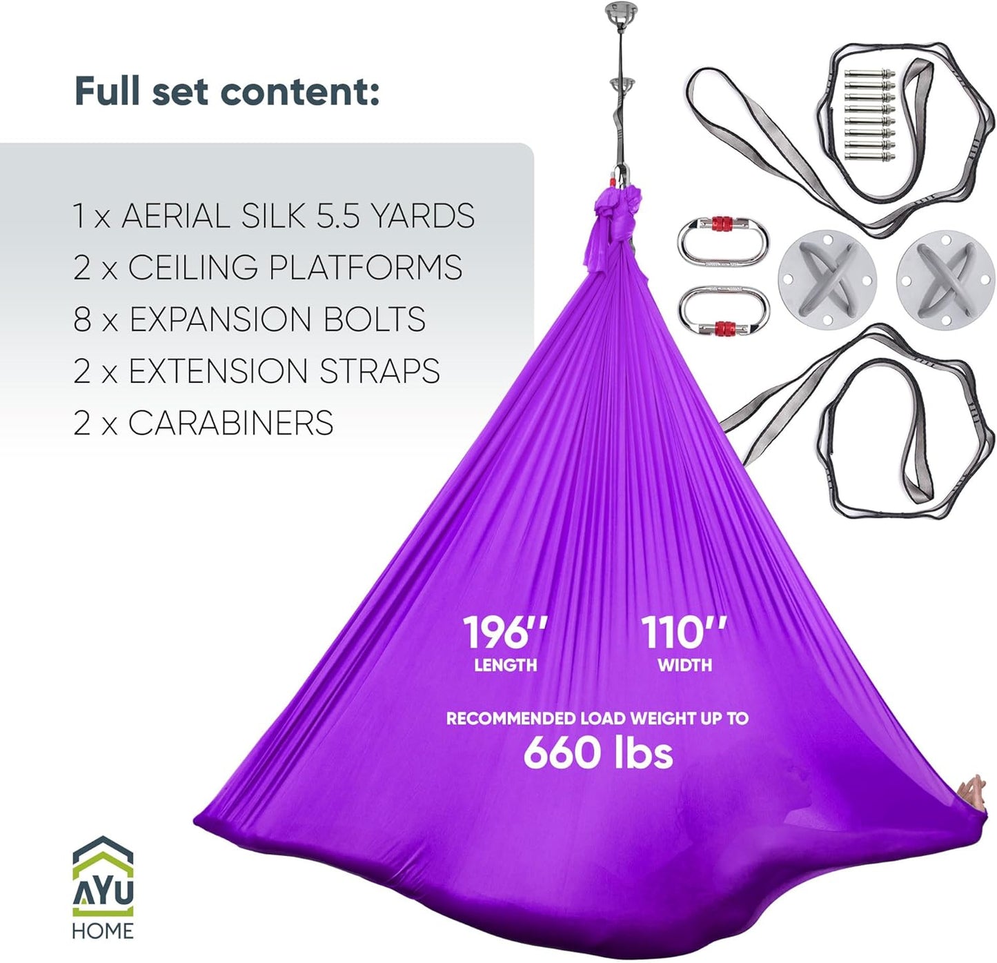 AyuHome Aerial Silks Kit for Home - Premium Yoga Swing for Kids and Adults with 660 lbs Capacity - Versatile Aerial Yoga Hammock for Gymnastics Training