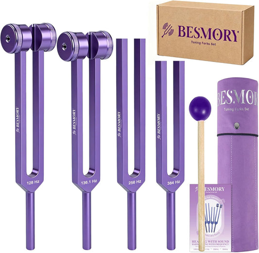 Tuning Forks for Healing Set - Includes 4 Frequency Tuning Forks (128Hz, 136.1Hz, 256Hz, 384Hz) and Reflex Hammer, Sound Healing Instruments for Chakra Sound Therapy, Yoga & Meditation Accessories
