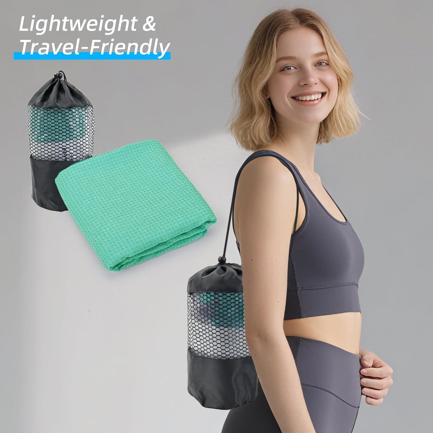 YESLIFE Non-Slip Extra Thick Hot Yoga Towel with One Sweat Towel, Microfiber Sweat Absorbent Yoga Mat Towel with Grip Dot, Pilates Mat, 72" x 24", Light Blue