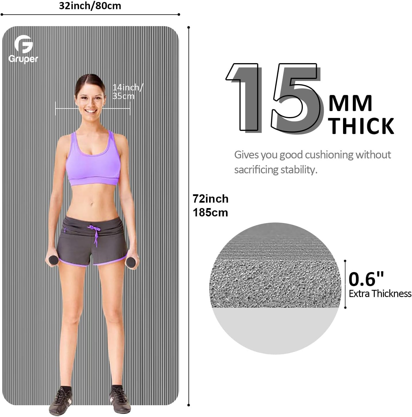Gruper Yoga Mat Non Slip NBR Extra Thick Yoga Mat, 72"L x 32"/24"W x 0.6"/0.4"TH (185cm x 80cm/61cm x 15mm/10mm), Anti-Tear Exercise Mat with Carrying Strap and Bag, Workout Mats for Yoga, Pilates